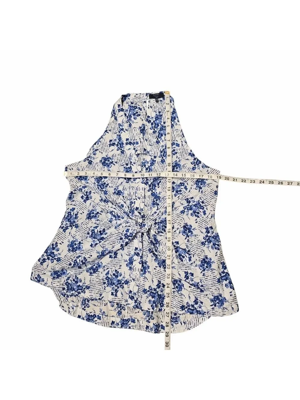 Kari Blue Curvy V Neck Floral Button Down Front Knot Keyhole Tank Top 14W